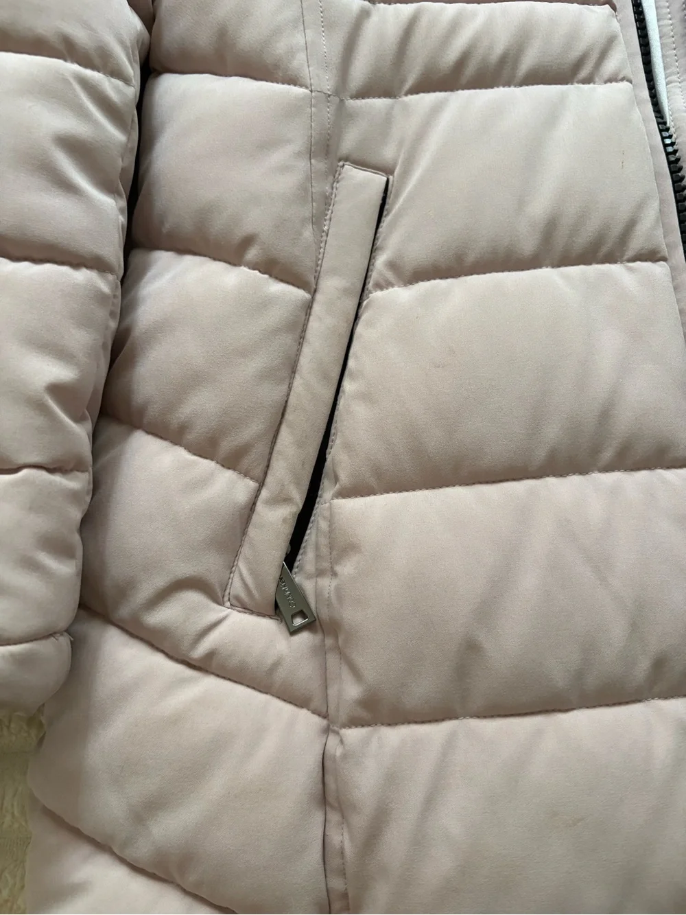 Calvin Klein Light Pink Quilted Hooded Puffer Coat with Faux Fur Trim